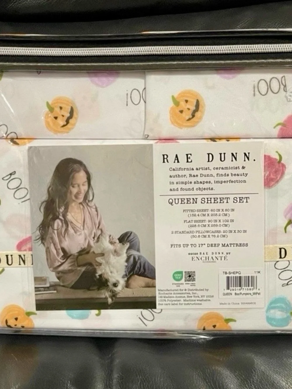 Rae Dunn Queen Sheet Set in White with Orange Pumpkin Print